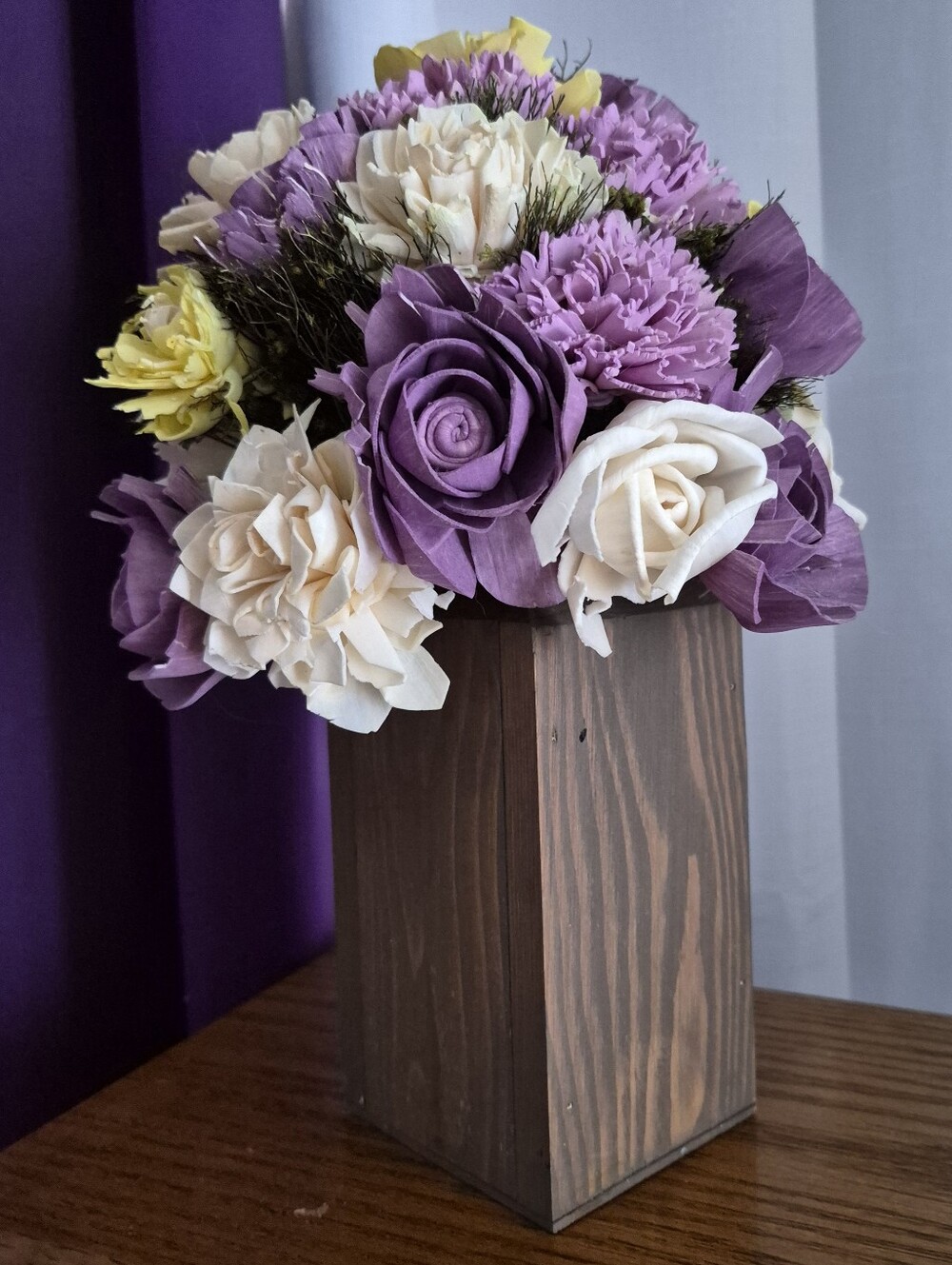 Handcrafted Purple and Cream Floral Arrangement In Wooden Vase